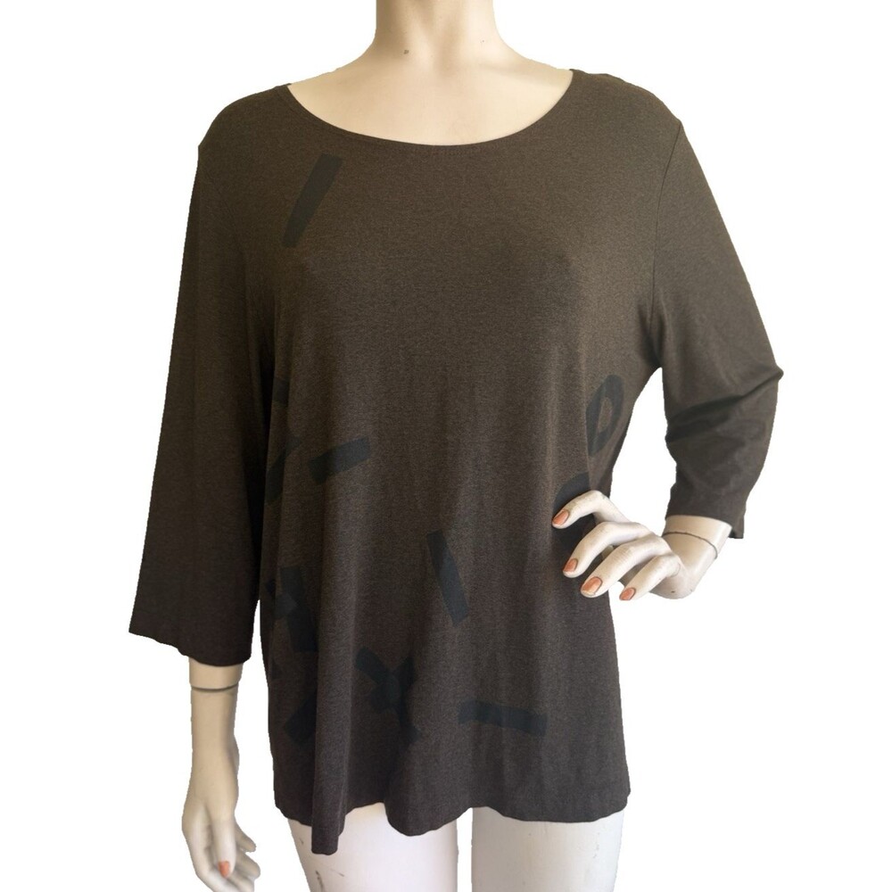 KIM MESSIER Hawaii Brown Black Print Art to Wear Lagenlook Jersey Top Blouse 2X